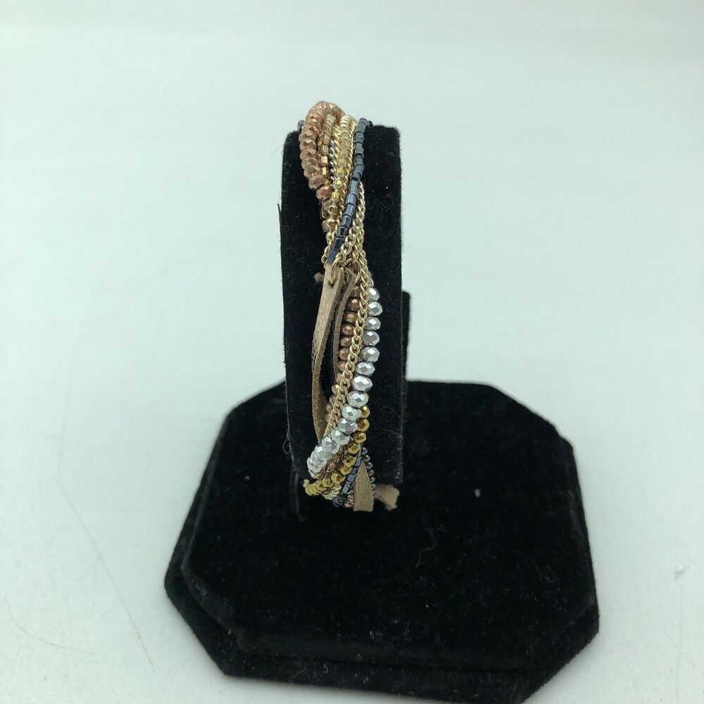 ANE Collection Beige Multiple Strand Bead And Leather Bracelet Magnet Clasp